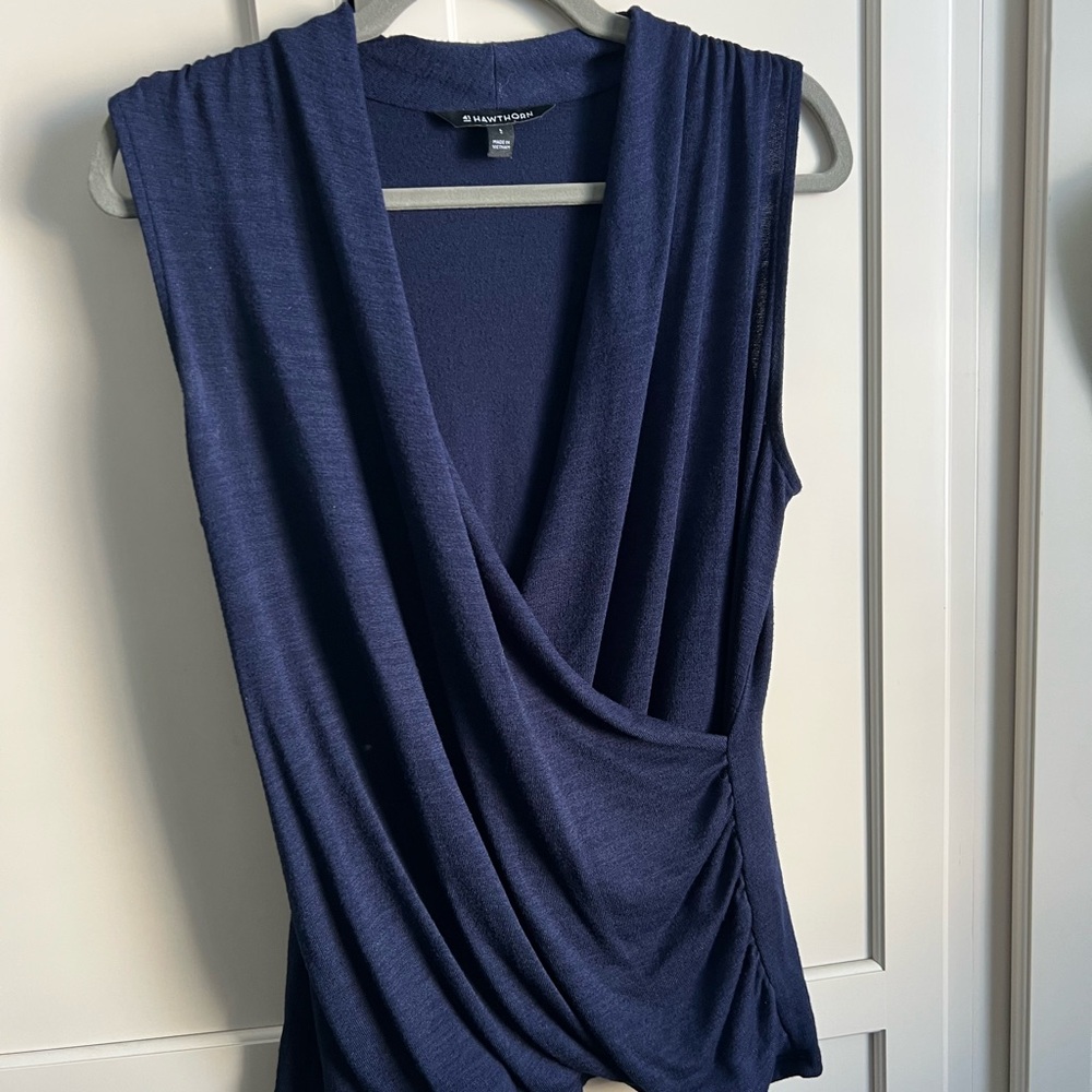 41 Hawthorn Deep Blue Draped Fine Knit Top with Cross Wrap Front